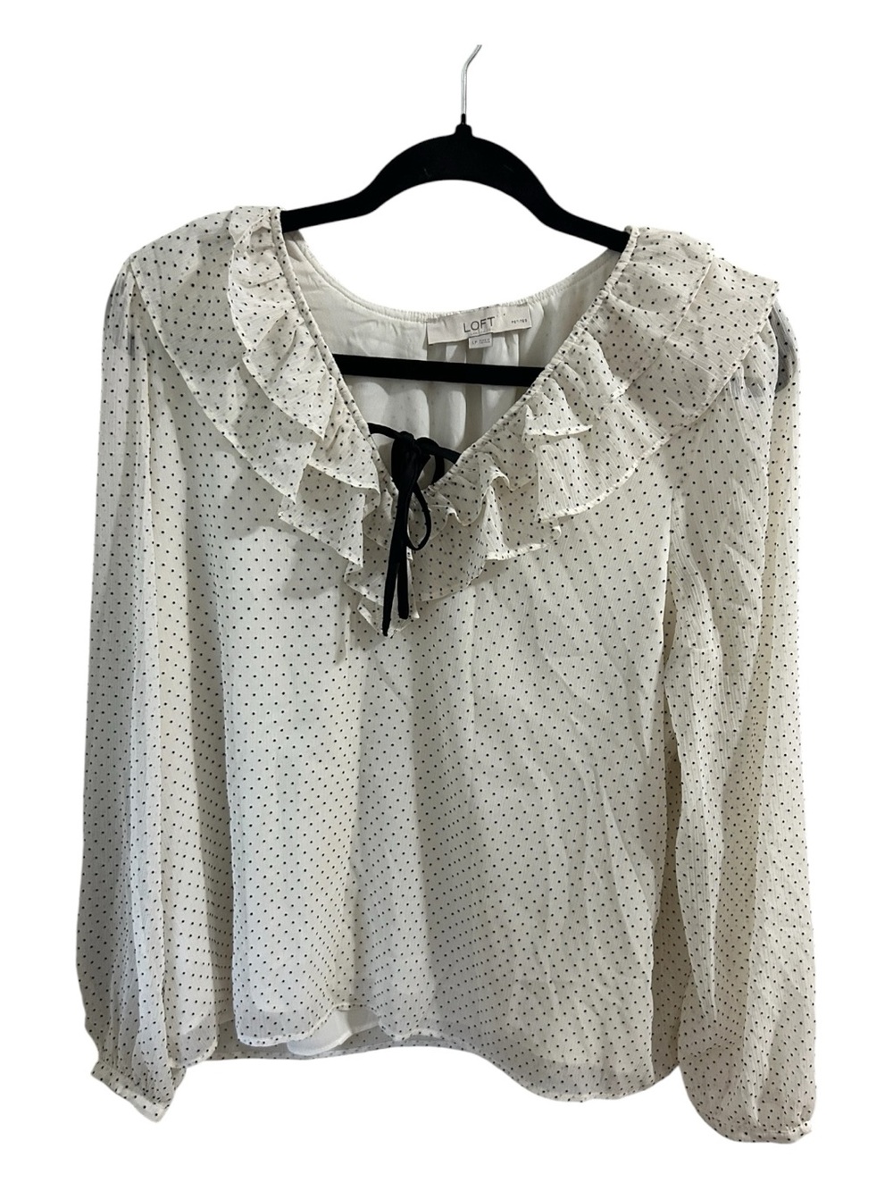 LOFT White with Black Dot Ruffle Tie-Neck Blouse
